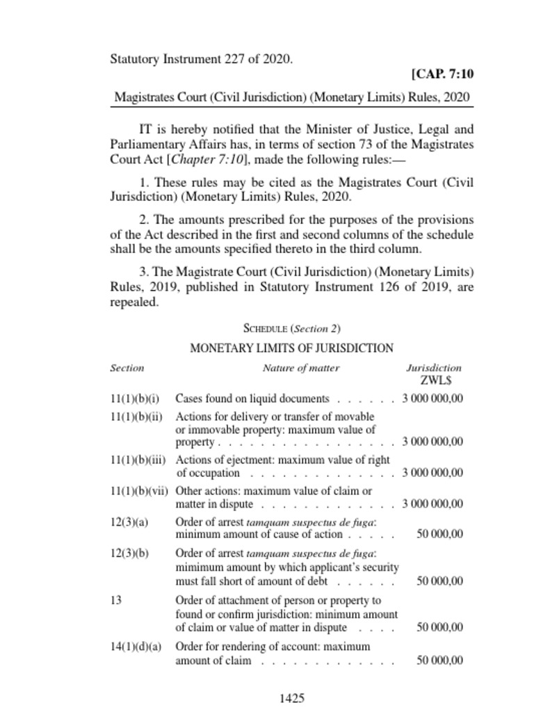 Si 2020 227 magistrates court civil jurisdiction monetary limits