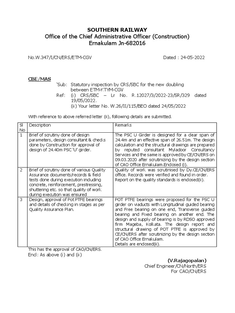 Letter To CBE From CE Reg PSC U Girder PDF Business