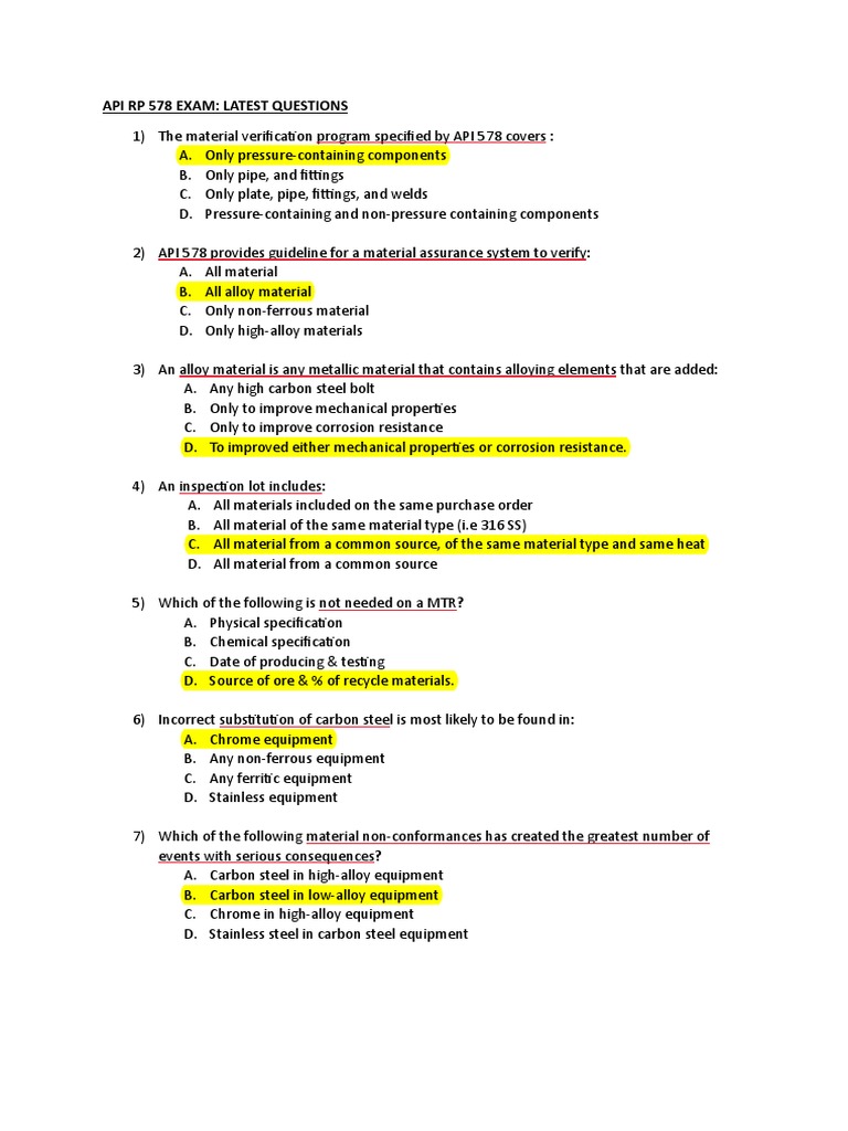 API RP 578 Exam: Key Questions & Answers | PDF | Stainless Steel | Steel
