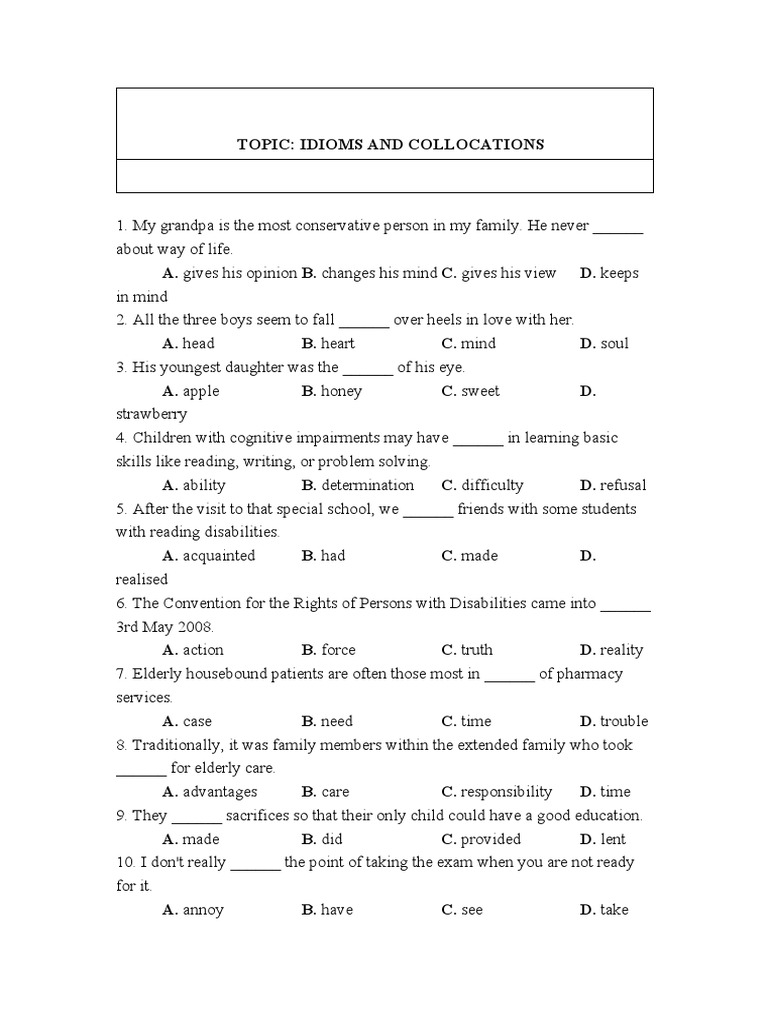 Idioms Worksheet PDF