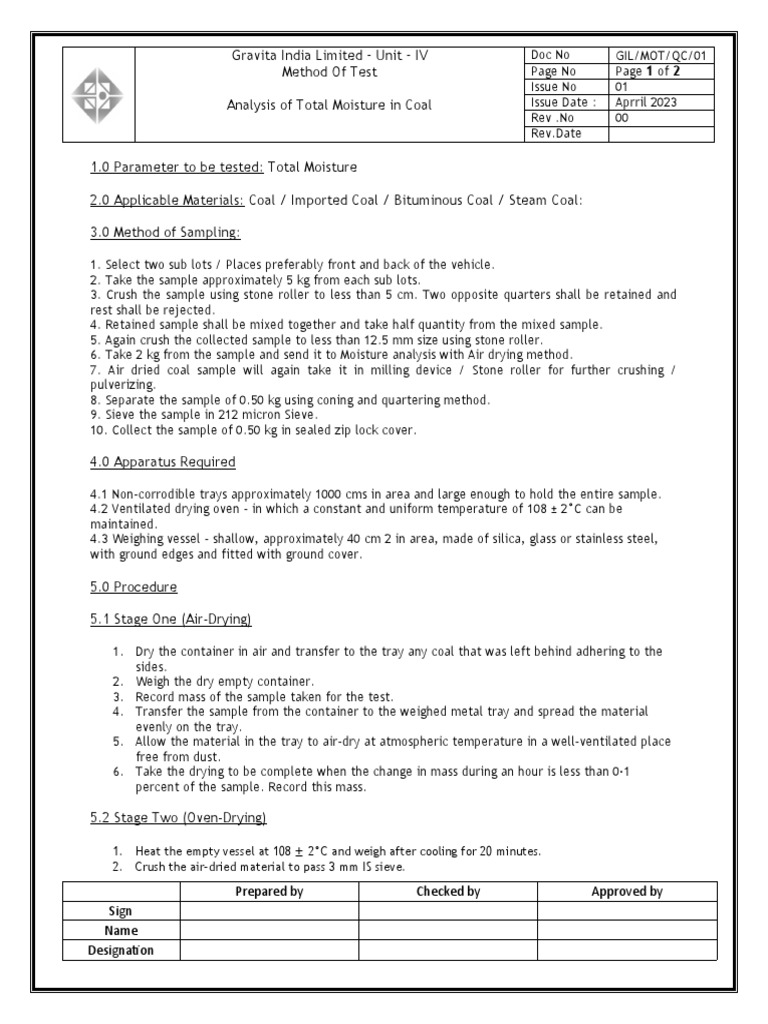 01 Total Moisture Coal Download Free Pdf Coke Fuel Coal