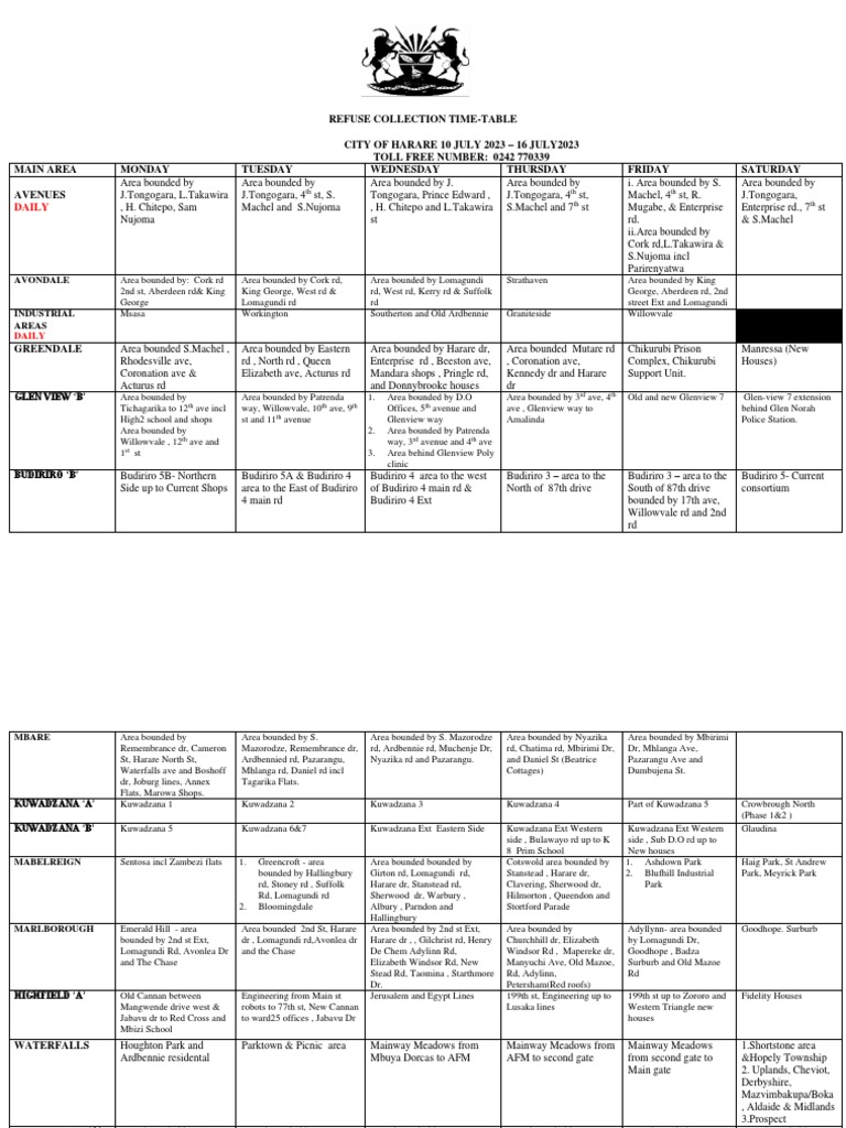 Refuse Collection Schedule Week 28 PDF Rhodesia Zimbabwe