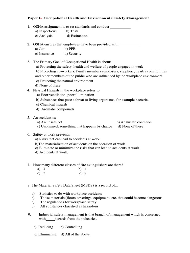 Osha MCQ 50 PDF Occupational Safety And Health Occupational
