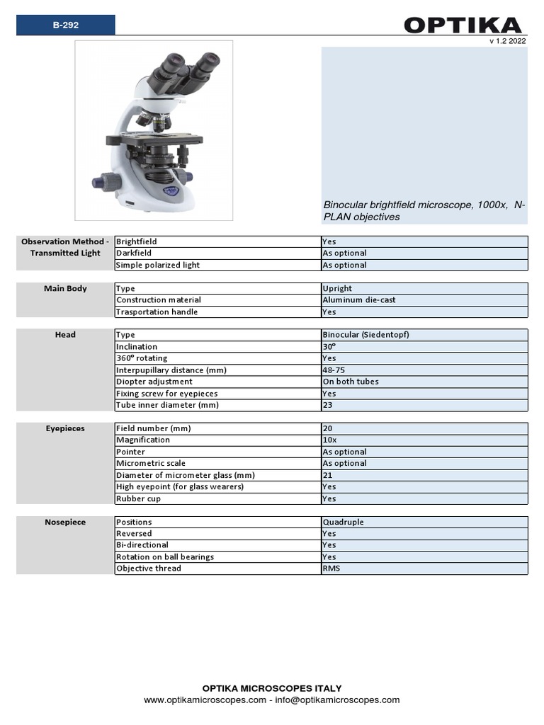 Optika B-292 Microscope Overview | PDF | Optics | Materials Science