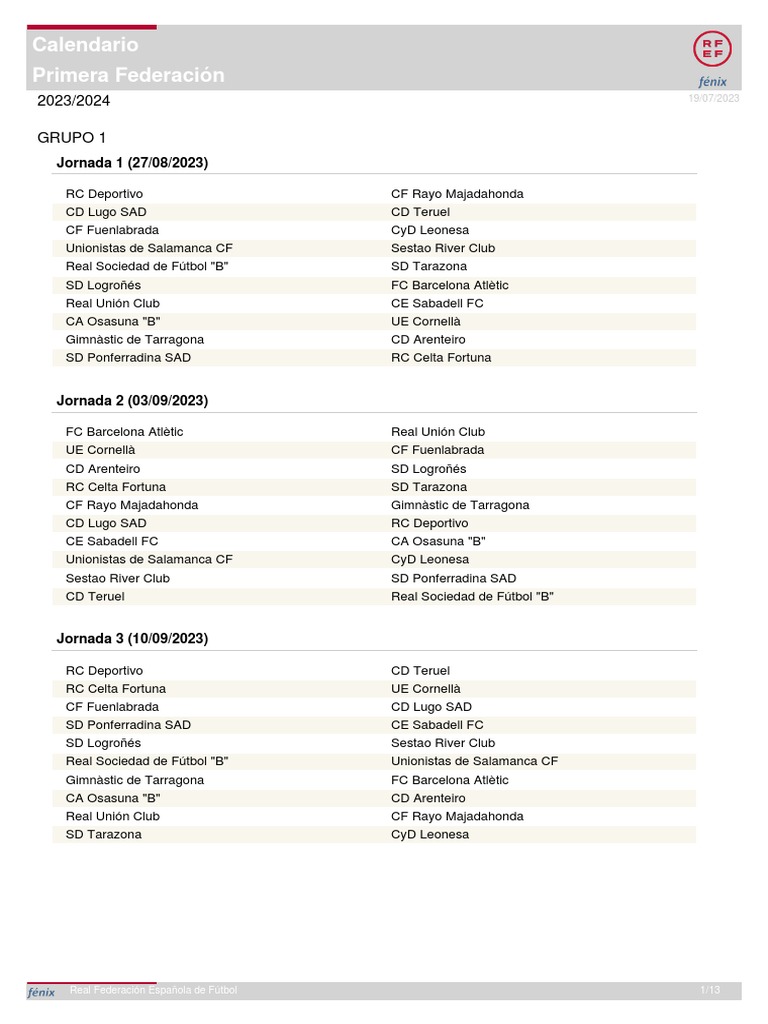 Calendario Primera Federación Grupo 1 PDF Asociación de clubes de
