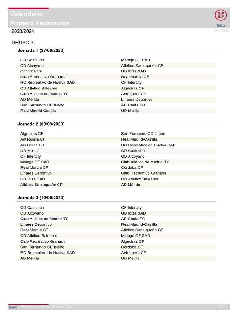 Calendario Primera Federación Grupo 2 PDF Clubes deportivos Asociación de clubes de fútbol