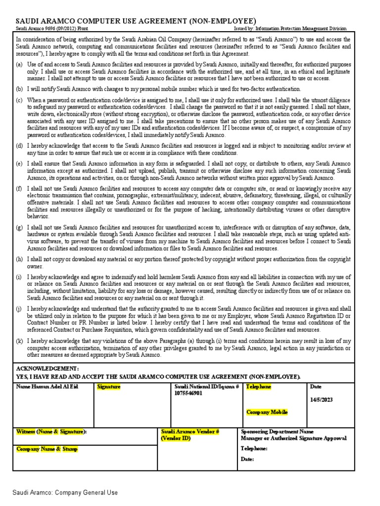 Saudi Aramco Computer Use Agreement | PDF | Password | Authentication