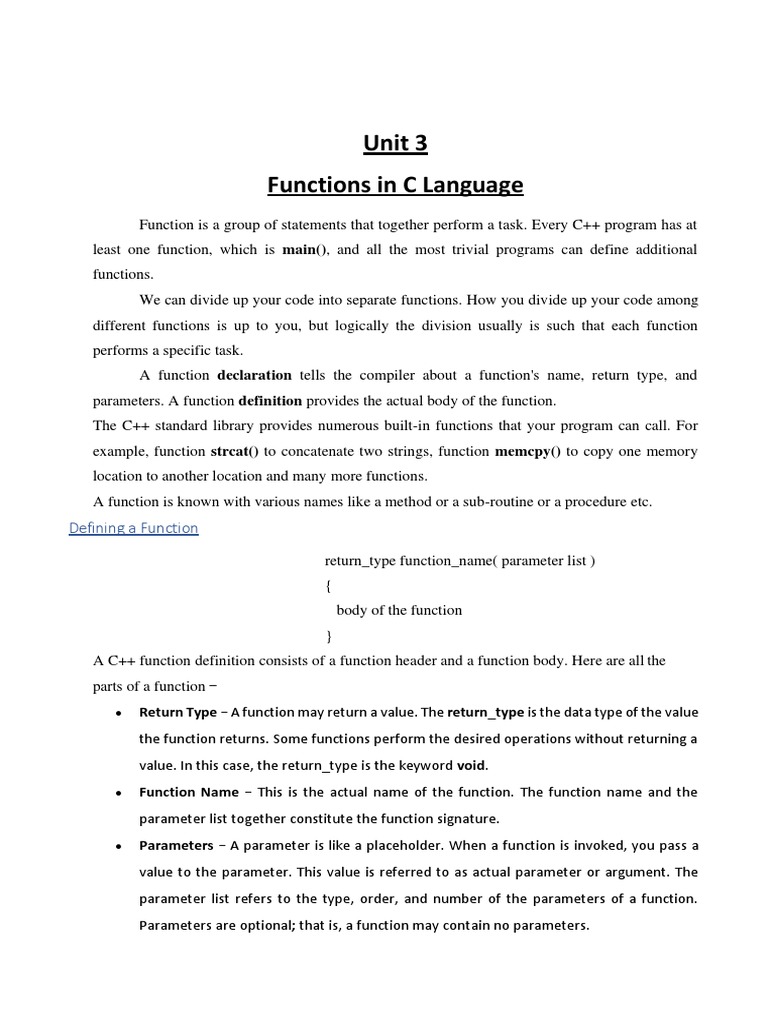 Functions in UNIt 3C Language | PDF | Parameter (Computer Programming ...