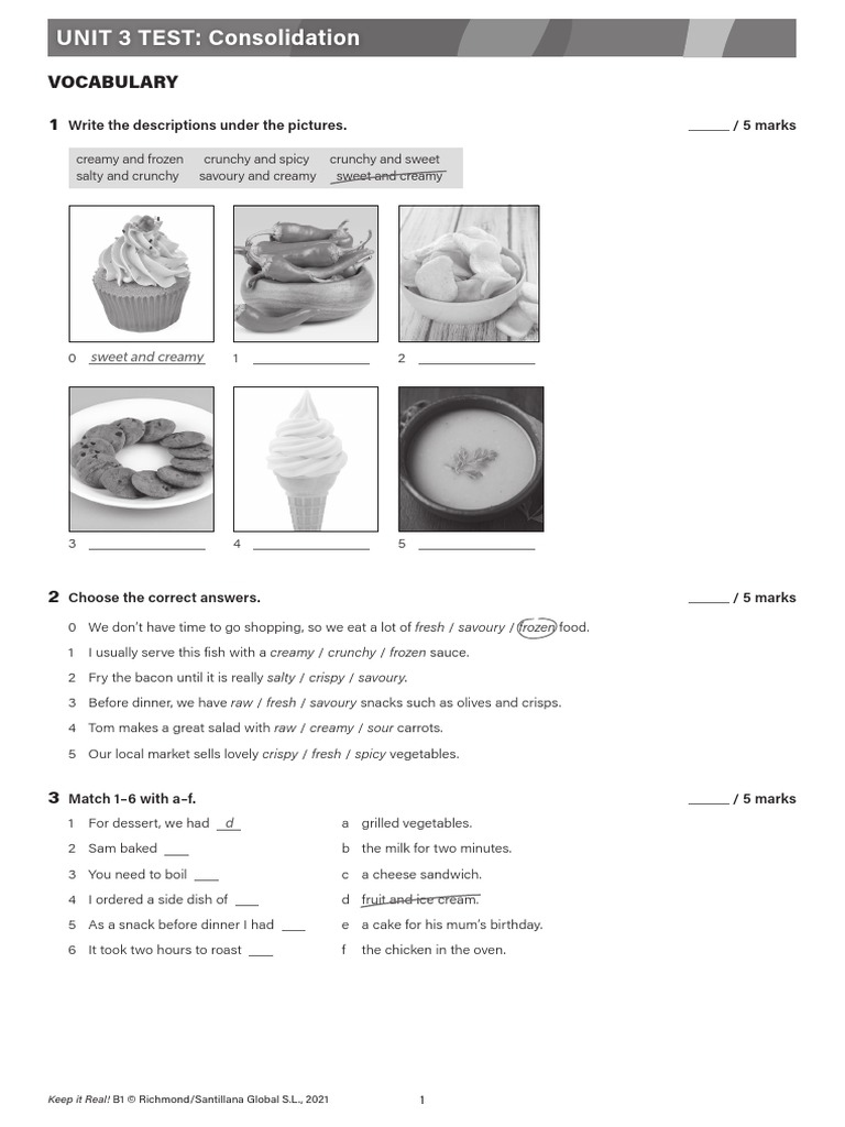 KIR B1 T1 Test Unit3 Consolidation | PDF | Cooking | Foods