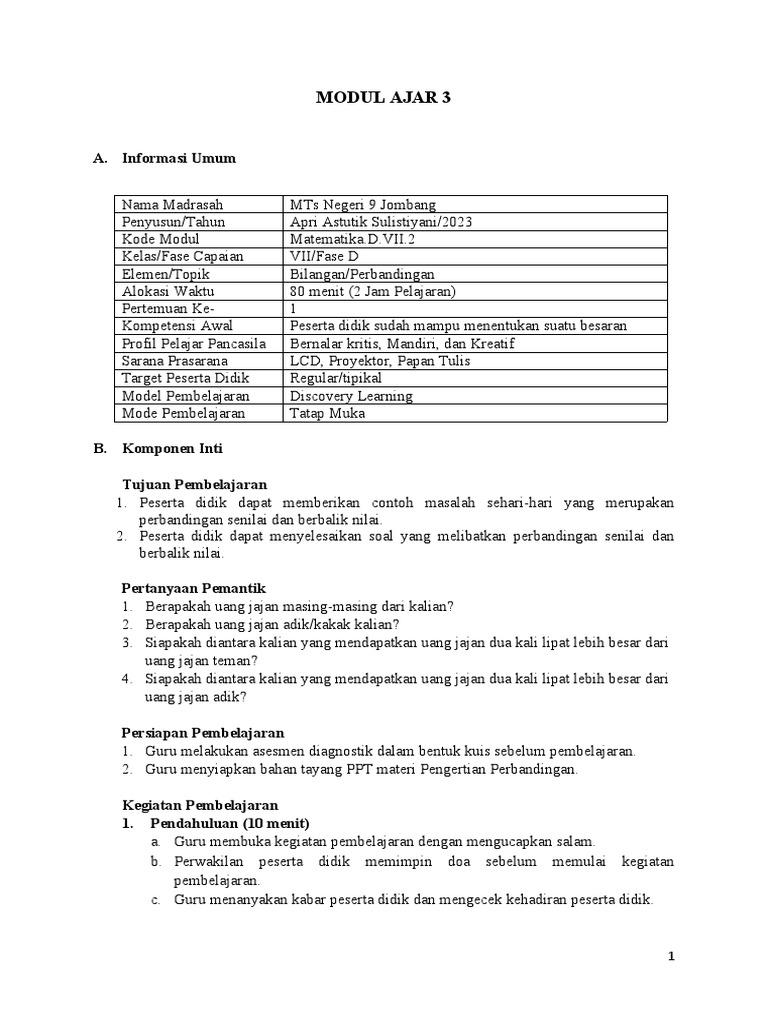 MODUL AJAR 3 MATEMATIKA MTSN 9 JMBG KELAS VII BAB 3 - Revisi | PDF