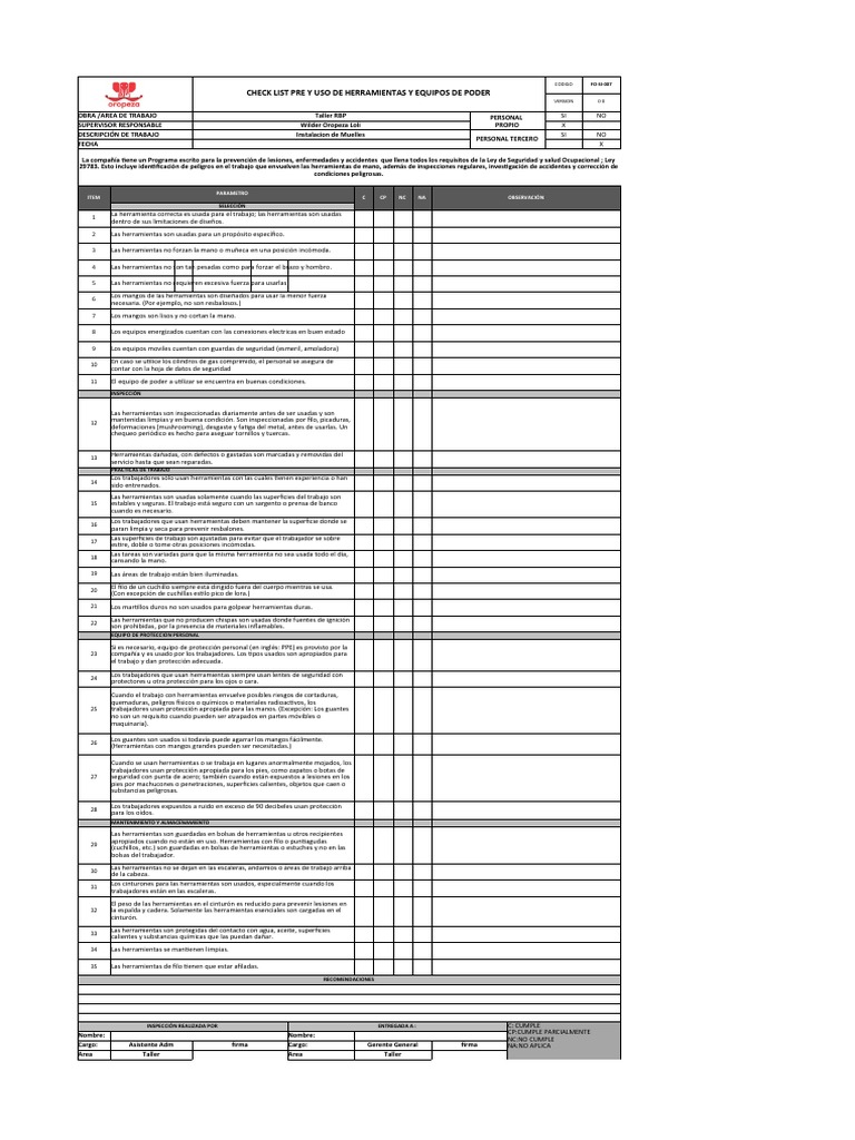Fo-Si-007 Check List Pre y Uso de Herramientas y Equipos de Poder | PDF ...