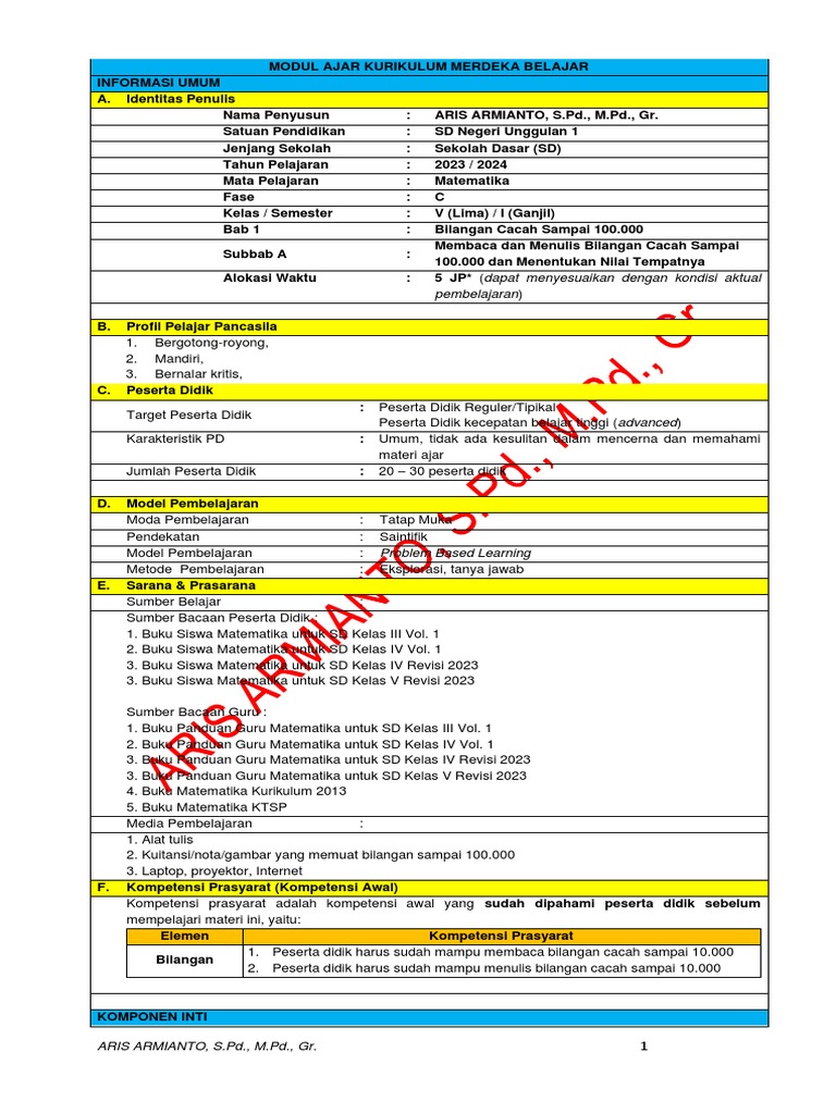 Modul Ajar Bilangan Cacah Kelas 5 | PDF