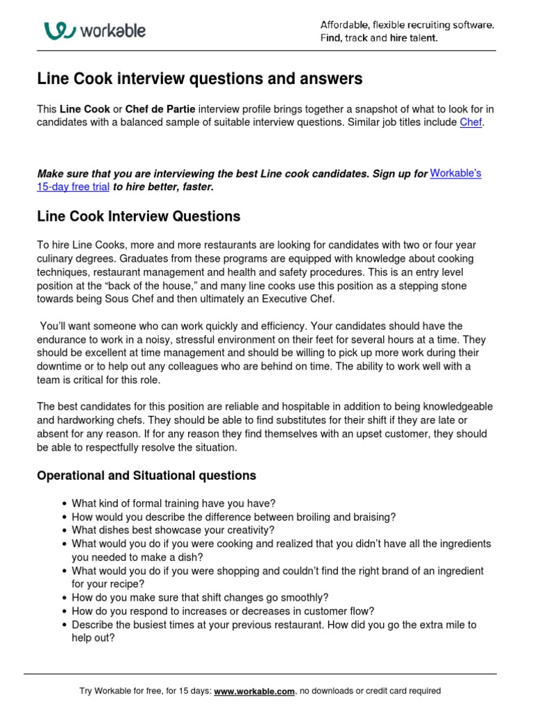 Line Cook Chef de Partie Interview Questions PDF Chef Cooking