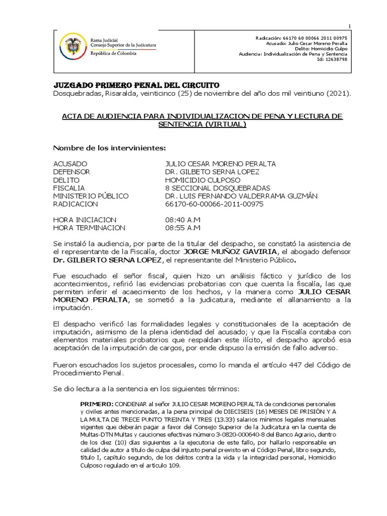 Acta Audiencia Individualización de Penal y Lectura de Sentencia de