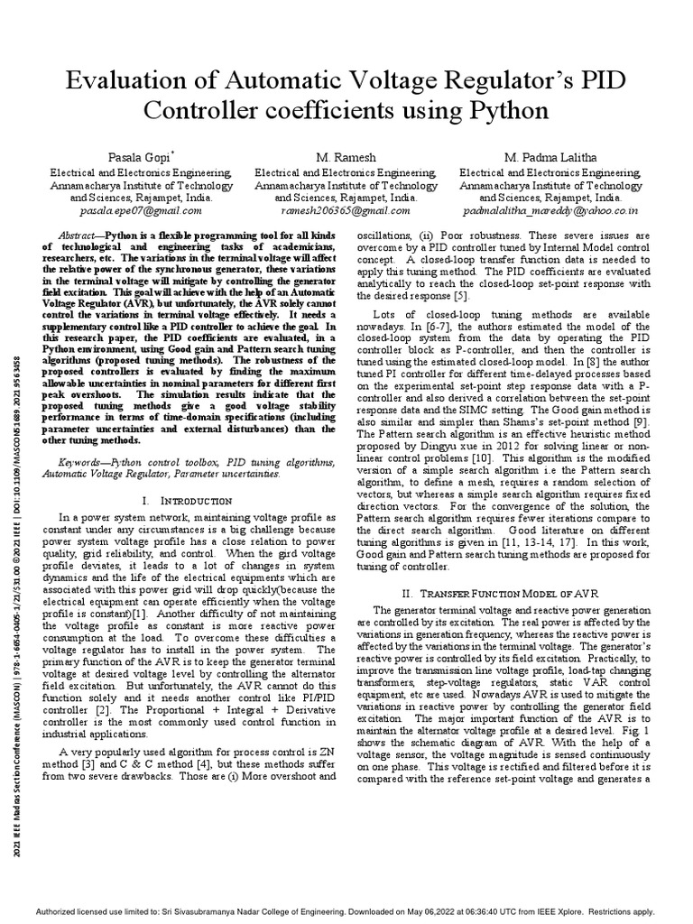 Evaluation of Automatic Voltage Regulators PID Controller Coefficients ...