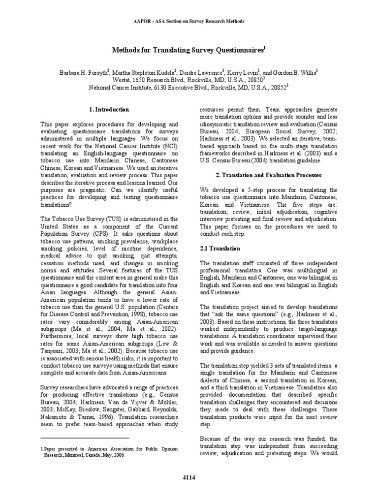 Questionnaire Translation Steps PDF Survey Methodology Translations