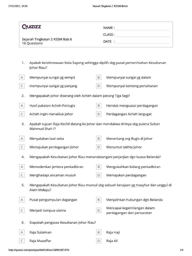 Sejarah Bab 6 Quizziz 2 Pdf