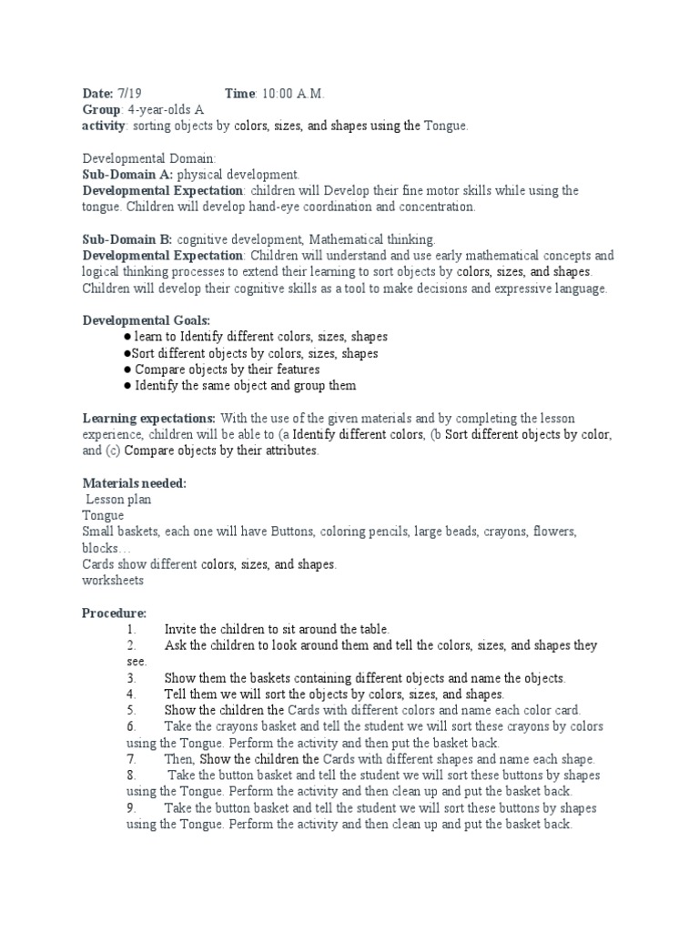Lesson Plan For 4 Year Olds, Sorting by Colors, Shapes, and Size PDF