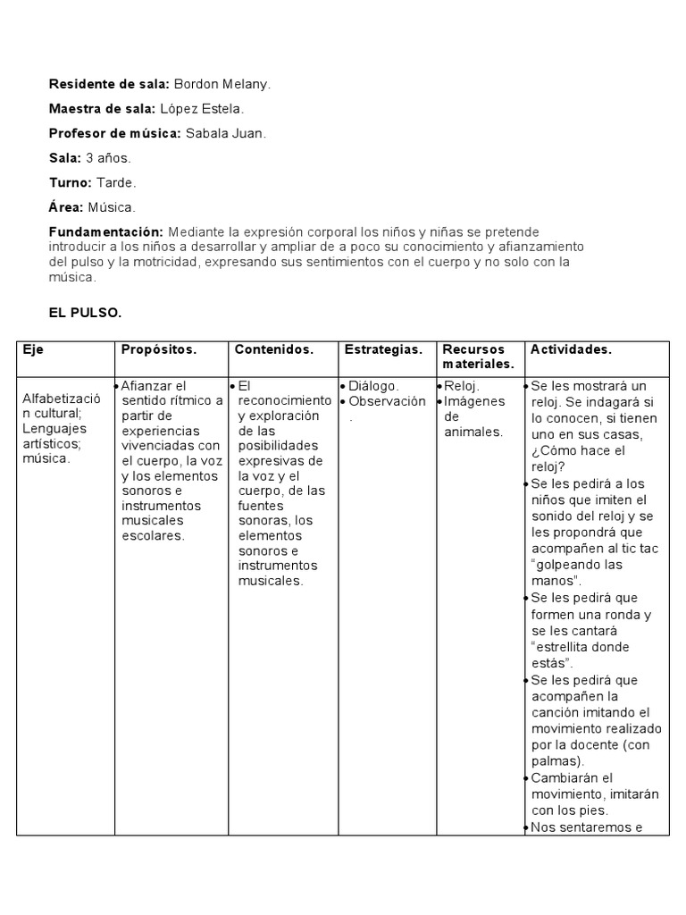 Planificación de Música. | PDF | Canciones | Educación de la primera ...