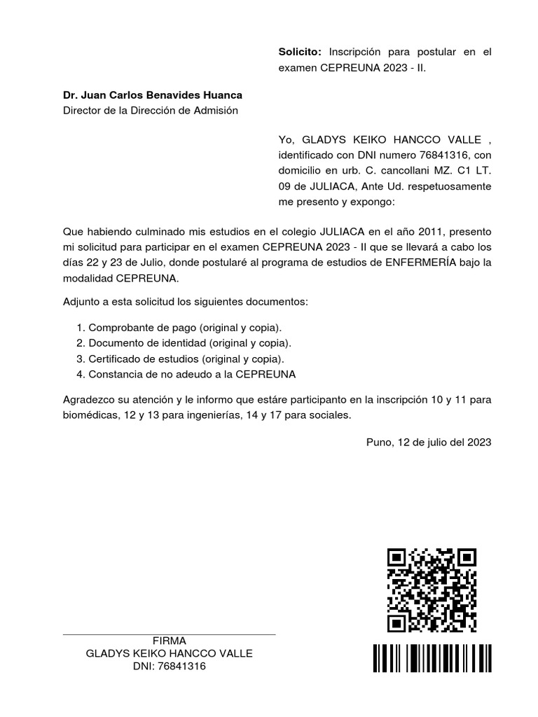 Solicito: Inscripción para Postular en El | PDF