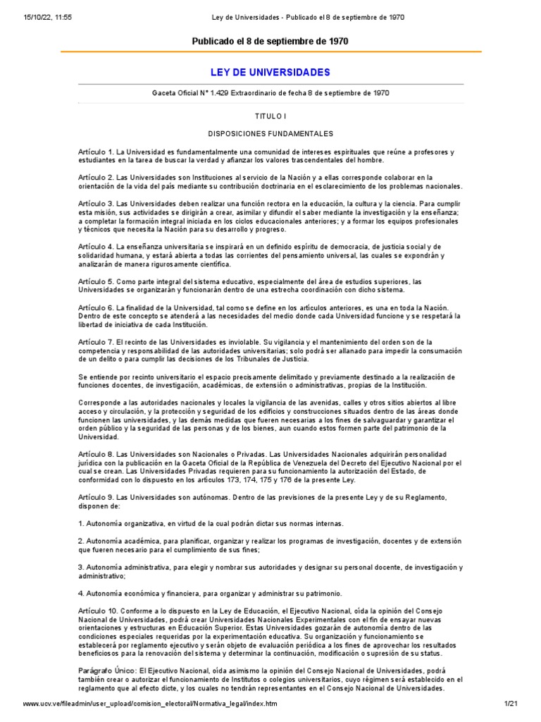 Ley de Universidades Publicado El 8 de Septiembre de 1970 Descargar