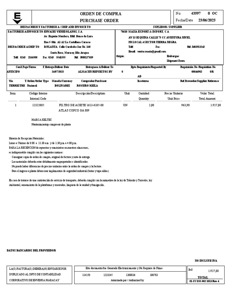 Orden de Compra 43597 - Masia Export | PDF | Factura | Contabilidad