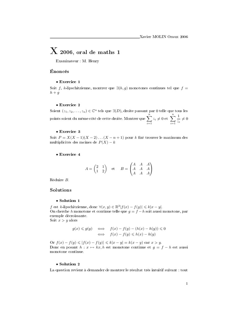 Oraux de maths 2006 : Exercices et solutions | PDF | Mathématiques ...