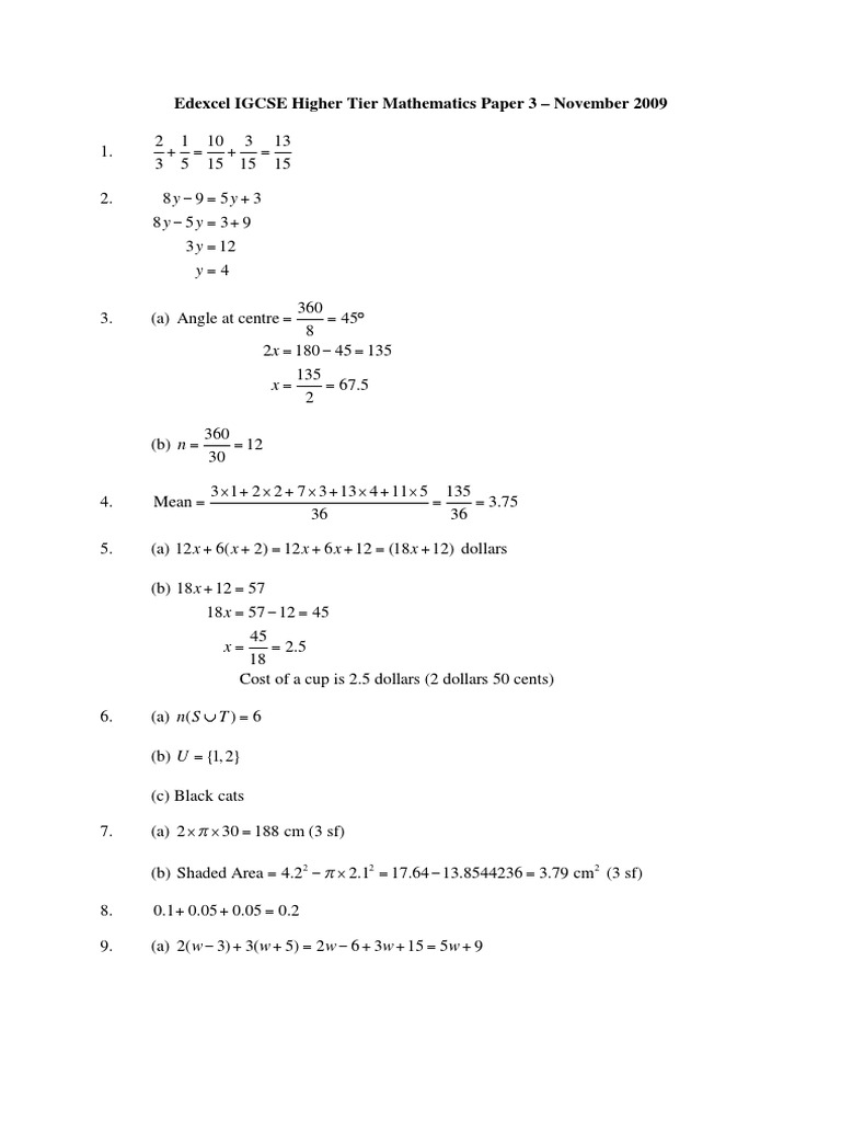 Edexcel igcse higher tier mathematics 3h november 2009 pdf