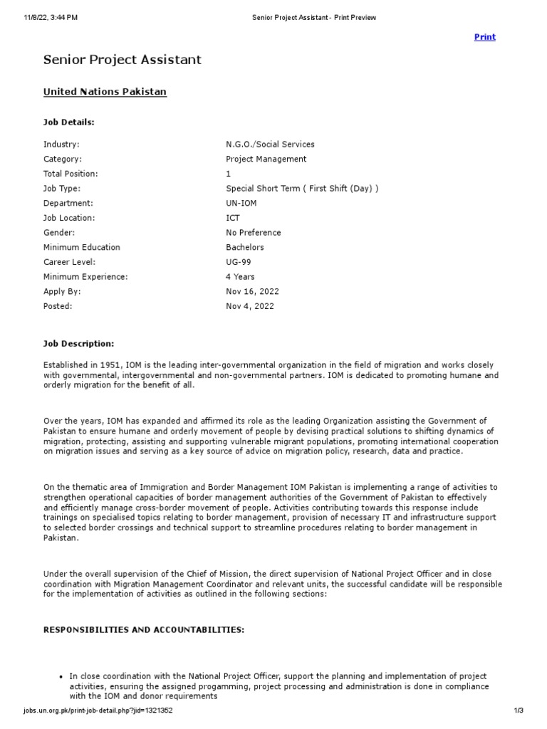 Senior Project Assistant - IOM | PDF | International Organization For ...