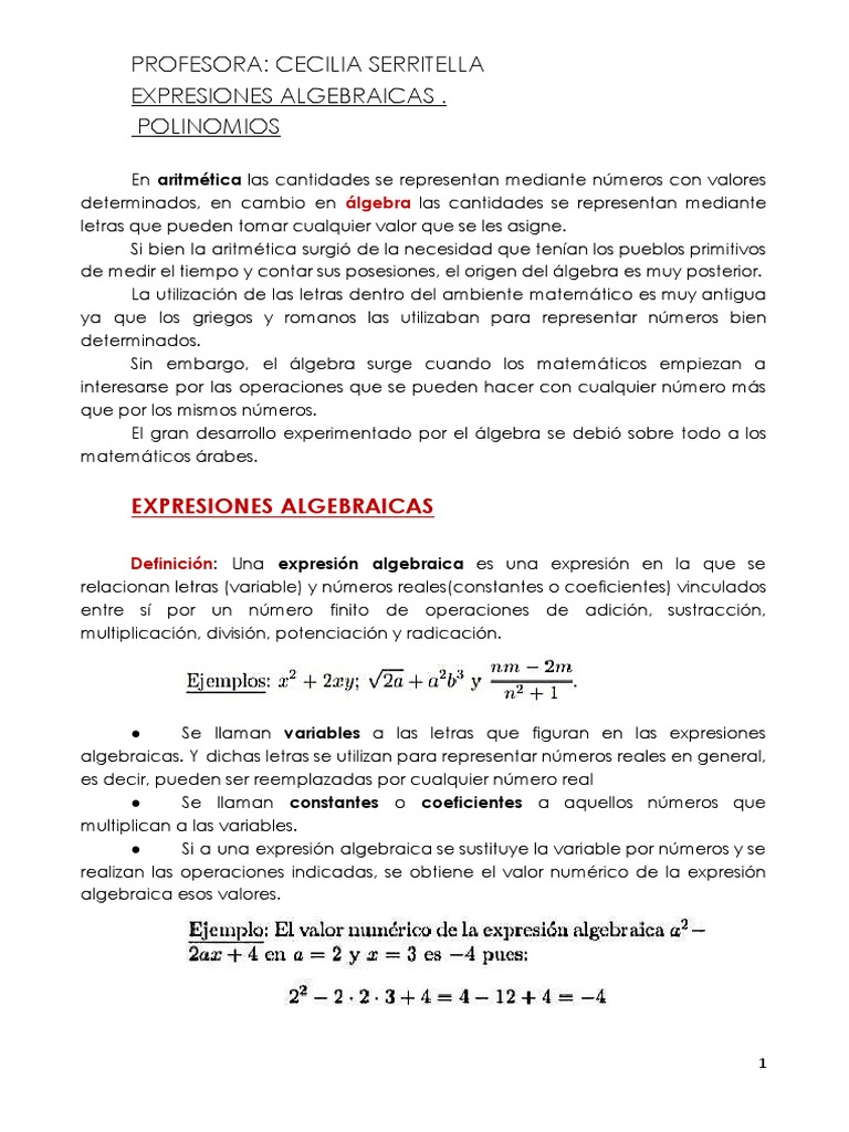 EXPRESIONES ALGEBRAICAS - POLINOMIOS (Teoría y Práctica) | PDF ...