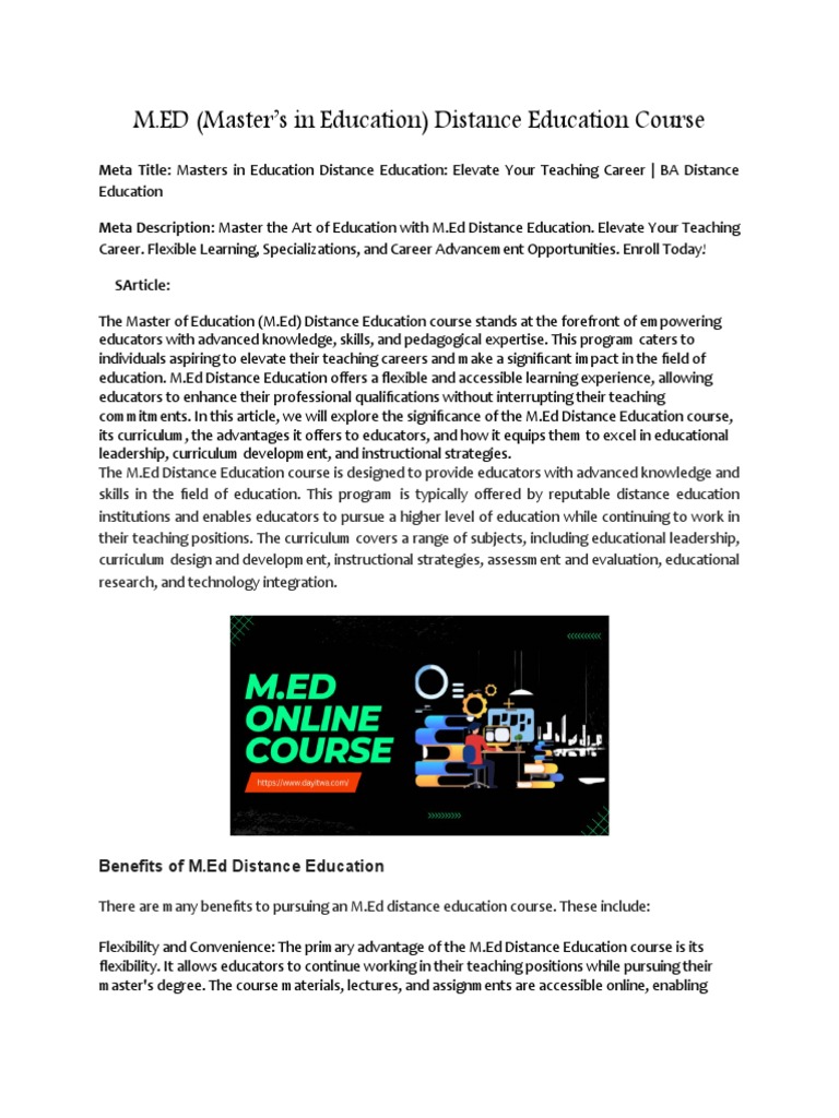M.ed Distance Education PDF Distance Education Teachers