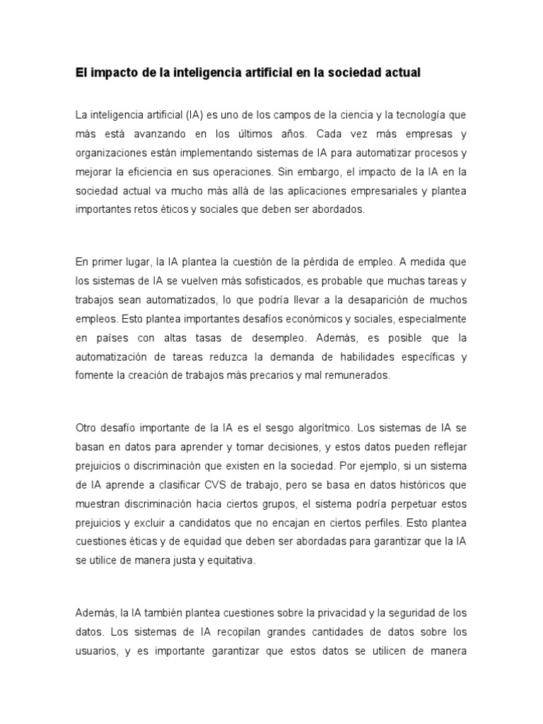 El Impacto de La Inteligencia Artificial en La Sociedad Actual | PDF