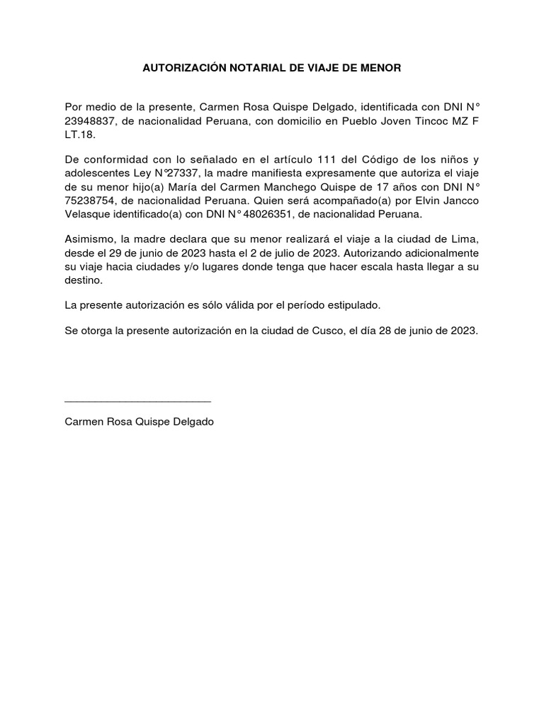 Carta De Viaje Para Menores De Edad/carta De Permiso Para Posada