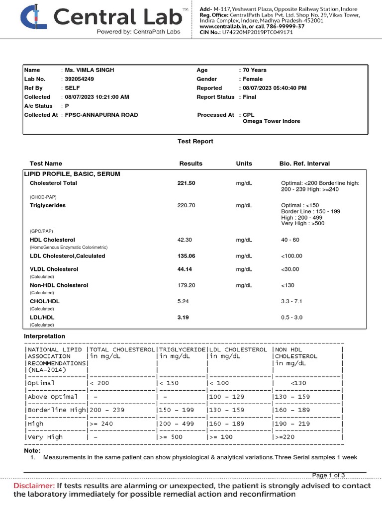 Lipid Profile Report for Ms. Vimla Singh | PDF | High Density ...