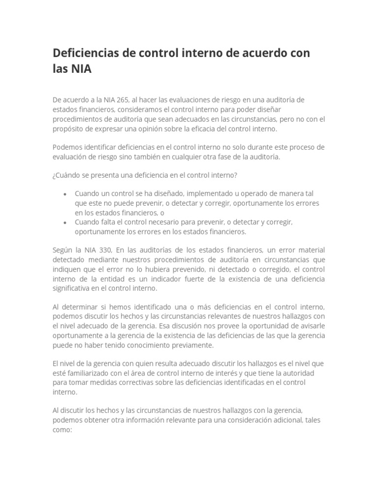 Deficiencias de Control Interno de Acuerdo Con Las NIA | PDF ...