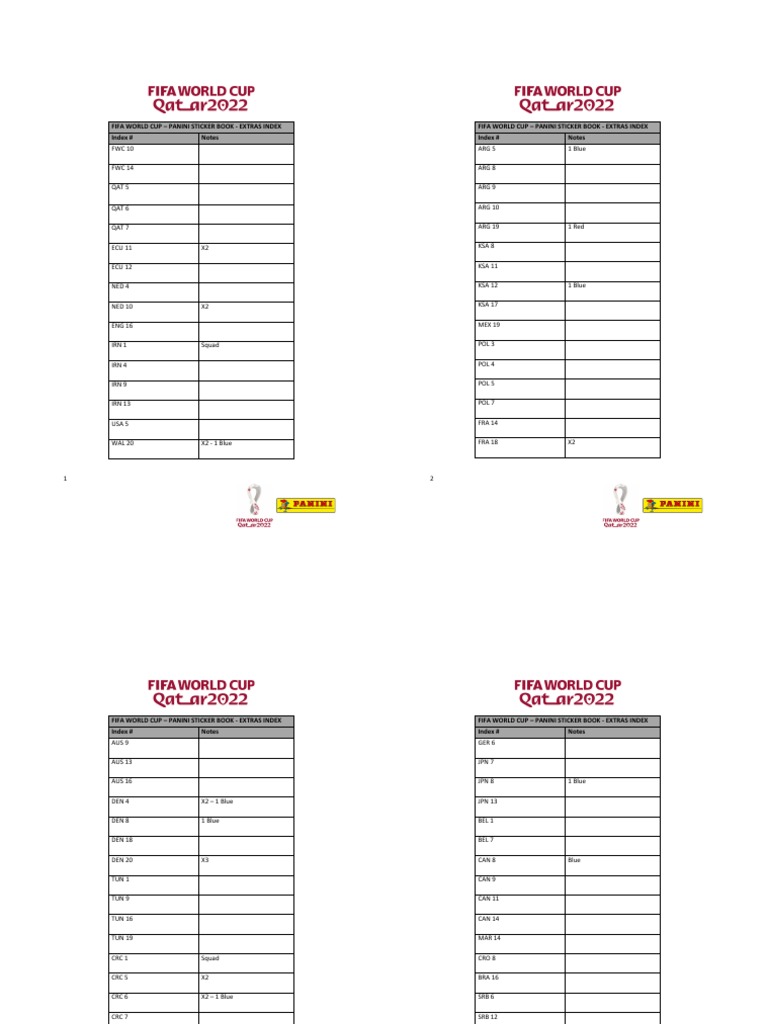 FIFA WC Sticker Book - Extras Index PDF | PDF