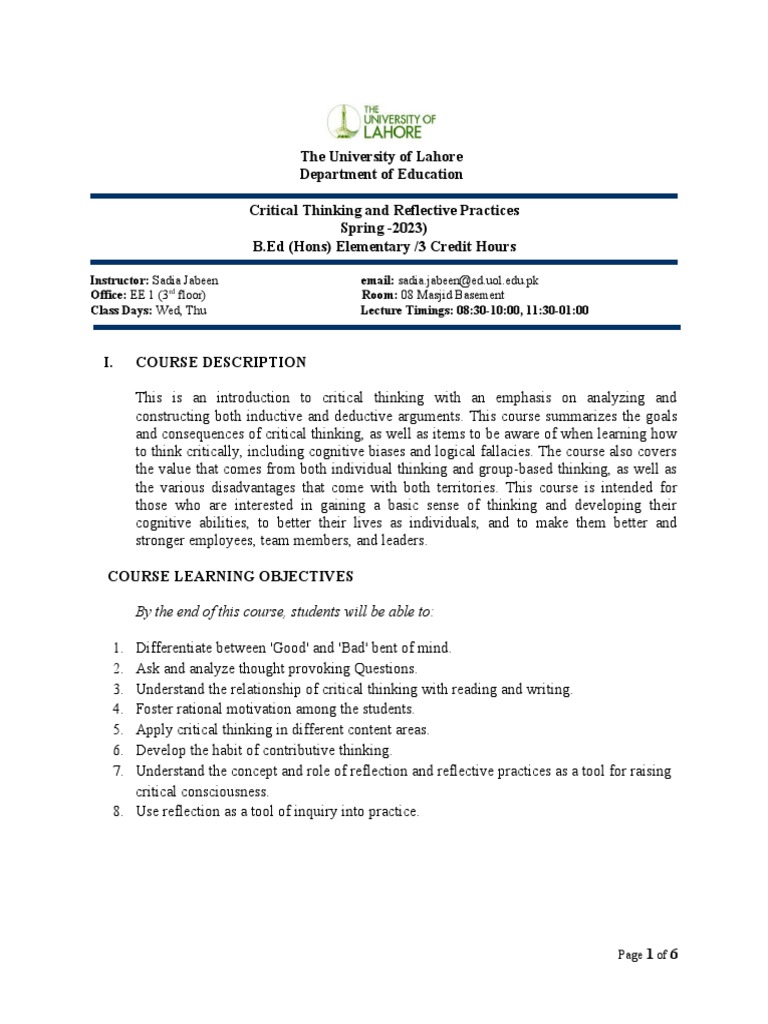 Critical Thinking and Reflective Practices Shazia Bibi | PDF | Critical ...