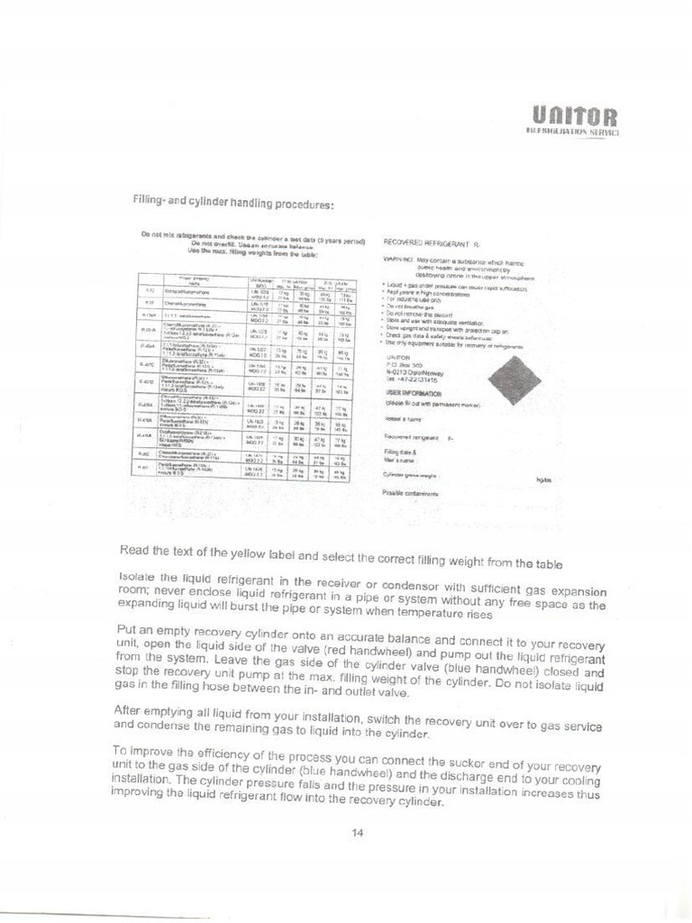 Unitor Filling and Cylinder Handling Procedure PDF