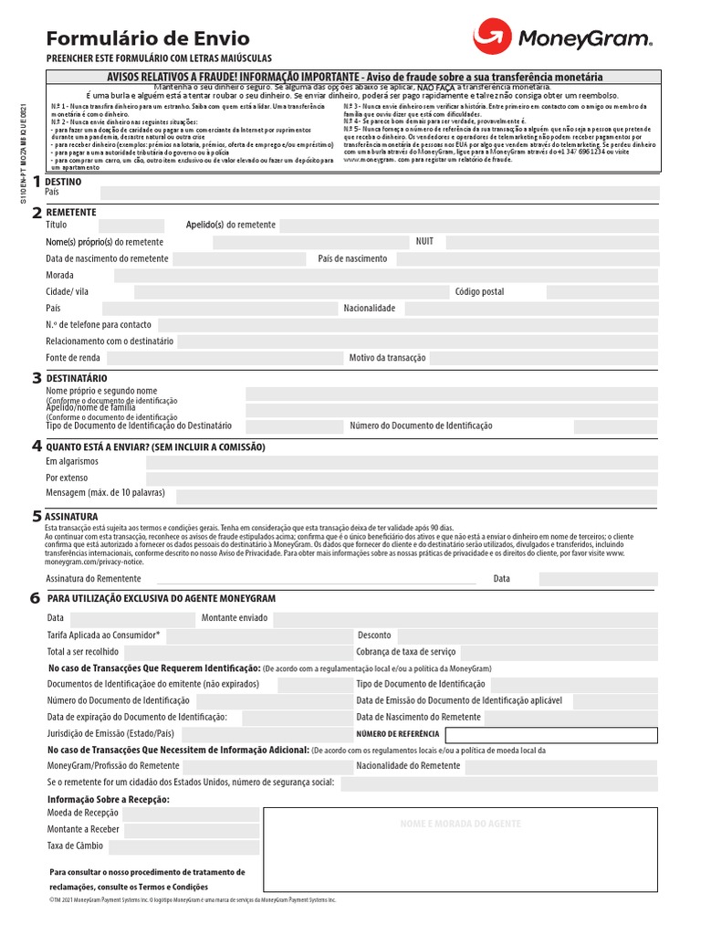 MoneyGram Formulario de Envio | PDF | Dinheiro | Lavagem de dinheiro