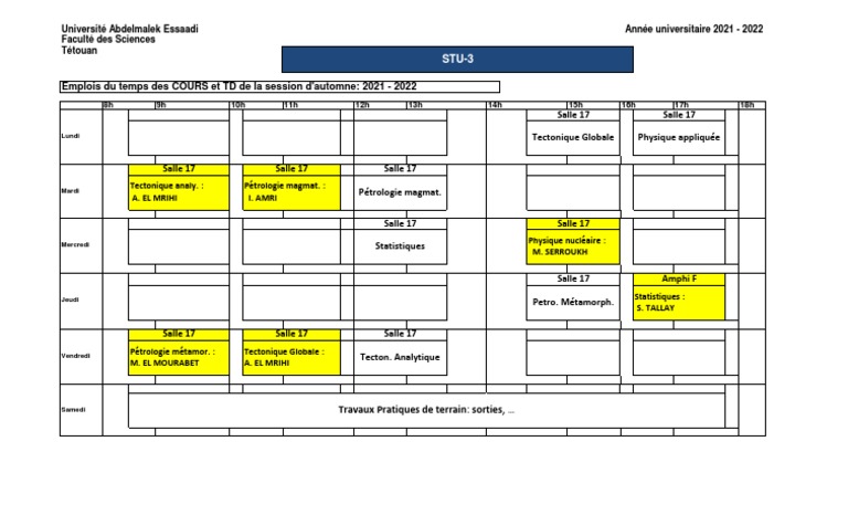 Emploi du temps des cours 2021-2022 | PDF