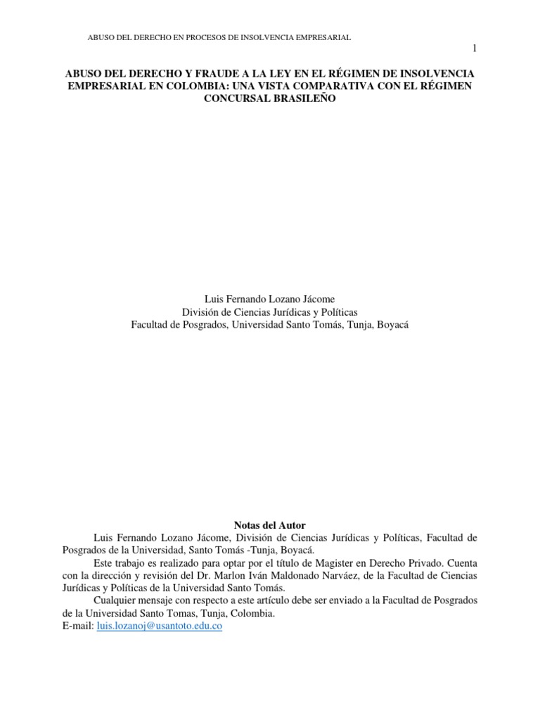 Abuso Del Derecho y Fraude A La Ley en El Régimen de Insolvencia ...