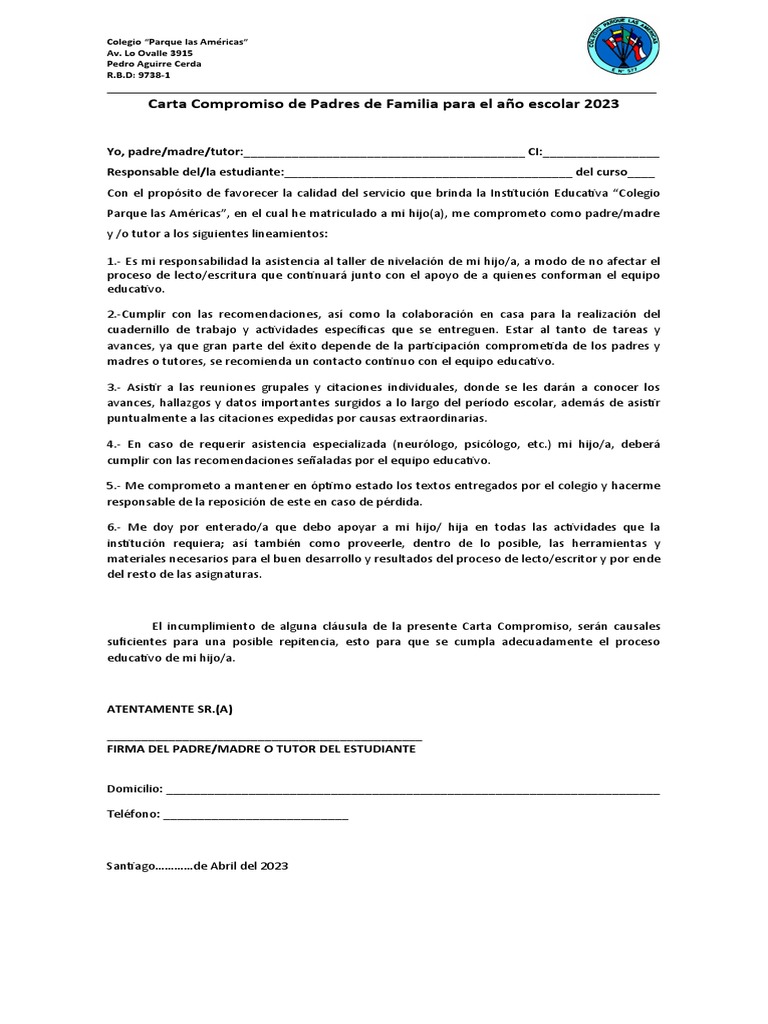 Compromiso Escolar para Padres 2023 | PDF | Crecimiento personal y ...