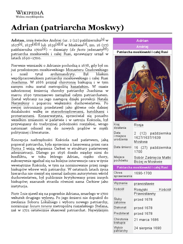 Adrian (Patriarcha Moskwy) Wikipedia, Wolna Encyklopedia PDF