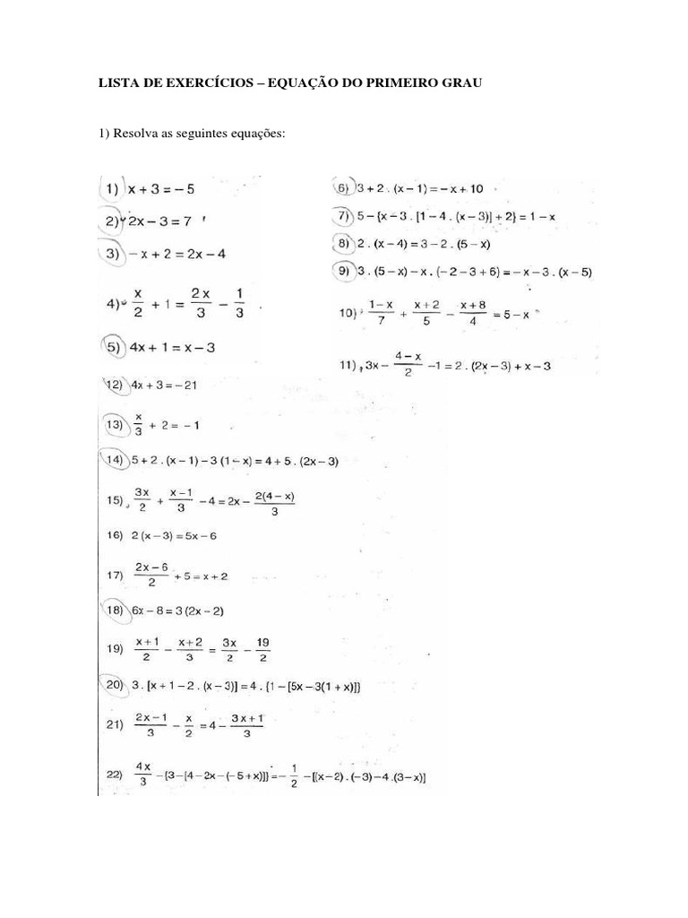 Exercícios - Equação Do Primeiro Grau | PDF