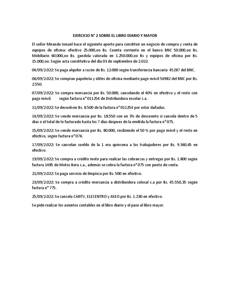 Ejercicio N 2 Sobre Libro Diario Y Mayor Pdf