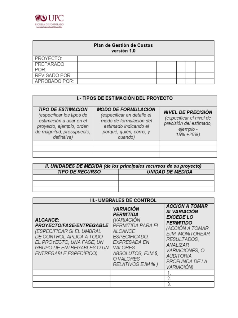 Plan de Gestión de Costos del Proyecto | PDF | Medición | Presupuesto