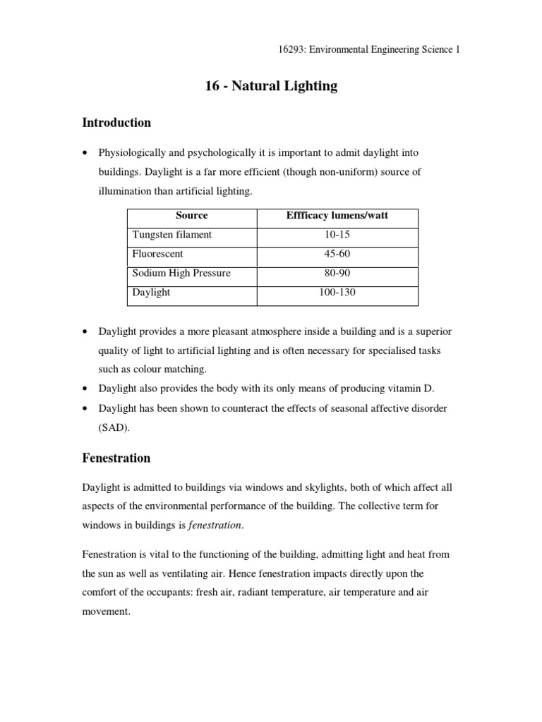 16 - Natural Lighting: Source Effficacy Lumens/watt | PDF