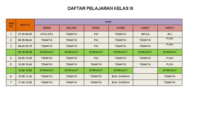 Jadwal Pelajaran Kelas 3 K13 | PDF