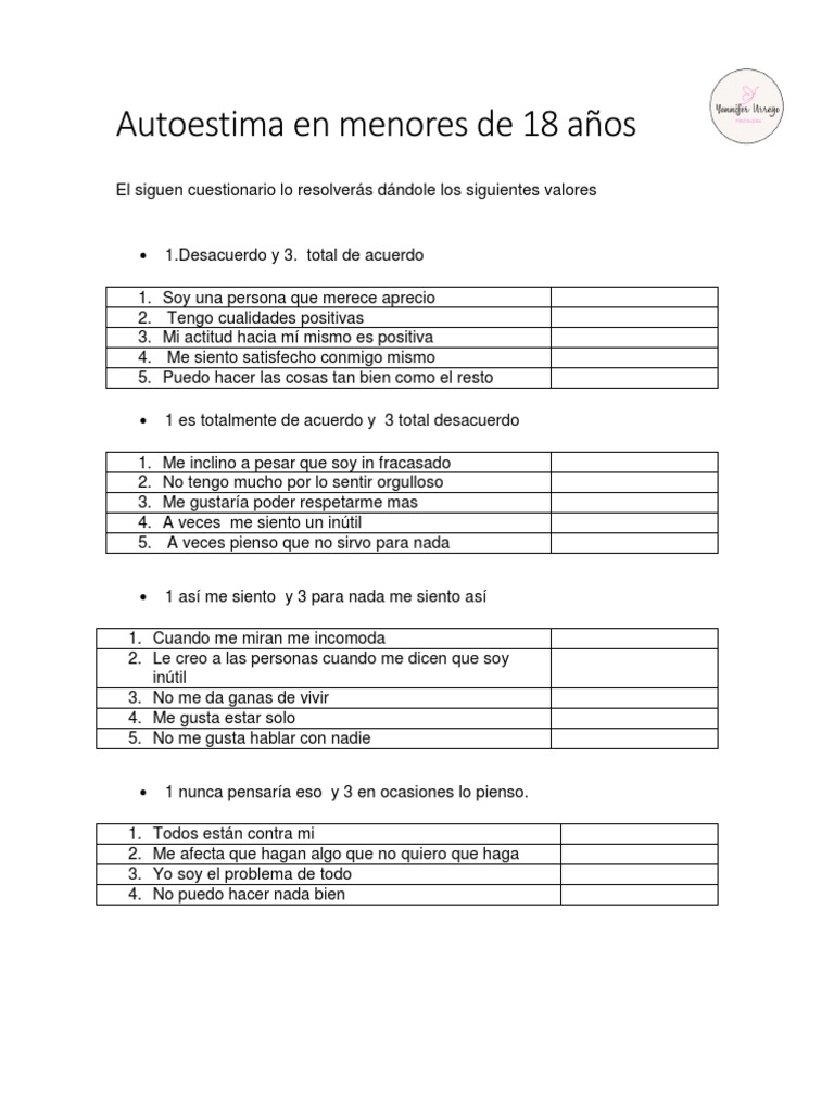 Cuestionario de Autoestima para Adolescentes | PDF | Crecimiento ...