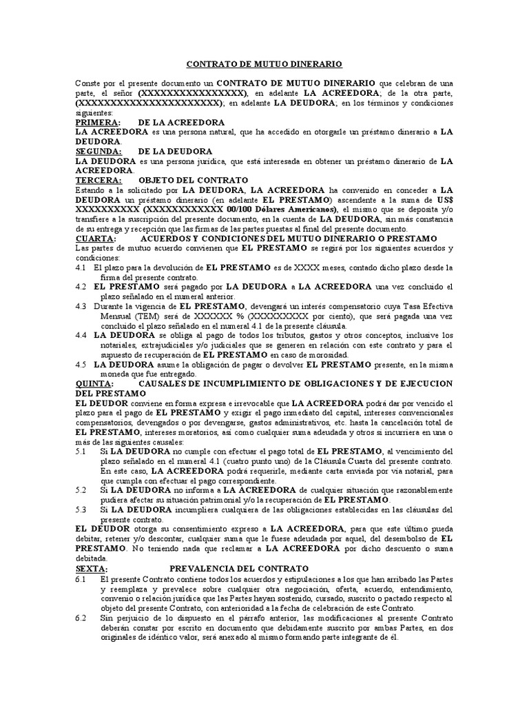 Modelo de Contrato Mutuo Dinerario | PDF | Pagos | Justicia